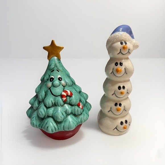 Vintage Ceramic Christmas Tree Anthropomorphic Statue Candy Cane Snowman Stack - Picture 1 of 5